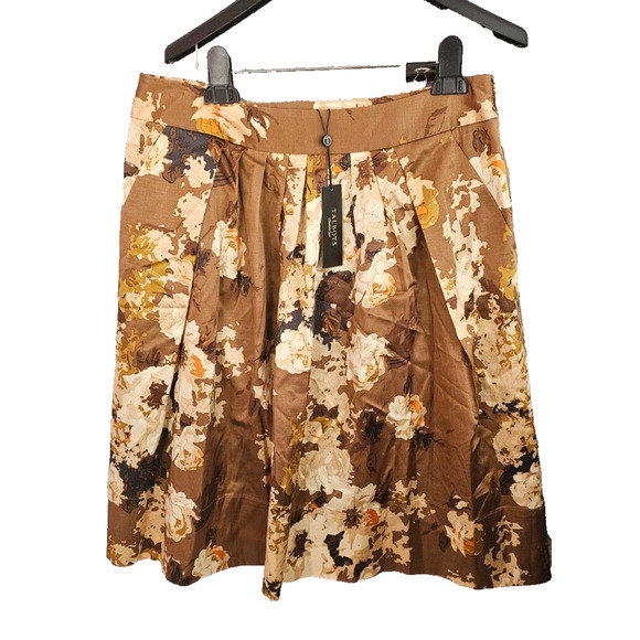 NWT Talbots Full Floral Skirt Autumn Ivory Brown Floral Size 10‎ Pockets Satiny